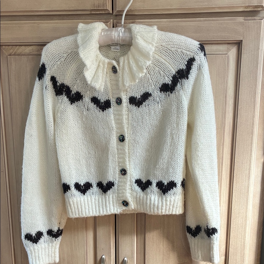 White shrug Cardigan with Black Heart Pattern sz S